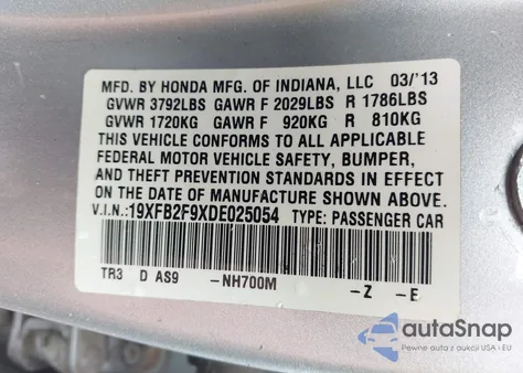 2013 Honda Civic Ex-L из США, поврежденный, VIN 19XFB2F9XDE025054